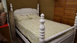 1940's Waterfall bed painted white with a gray pinstripe