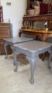 Set of matching end tables painted in Gauntlet Gray