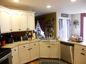 Antique white cabinets with brown glaze after photos.