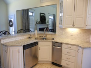 Cool white painted kitchen cabinets